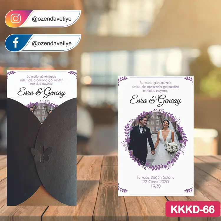ozen-davetiye-Düğün Davetiyesi - Kahverengi Kelebekli Kraft Zarflı Davetiye Model No:66